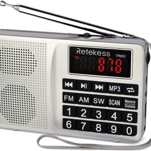 Retekess TR603 Tragbares AM FM Radio Kurzwellenradio Unterstützt SD Karte USB Drive AUX Eingang MP3 Player Lautsprecher Große Taste LCD Display Wiederaufladbare Lithium-Ionen-Batterie (Silber)